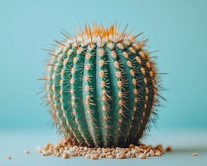 Round green cactus with sharp orange spines, sits on pale gravel. Good for decoration, garden, or desert plant related designs.