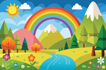 summer landscape with rainbow vector illustration