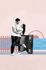 Vertical 3d art pop image collage of happy girl guy stand open valise summer ocean water vacation...