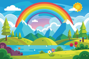 summer landscape with rainbow vector illustration
