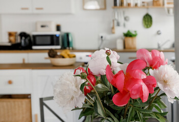 Scandinavian Kitchen Interior Dining Peonies