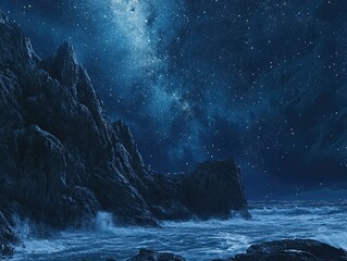 The Milky Way above a rugged coastline, with waves crashing against the rocks under the starry sky. The starry sky adds a magical element to the wild, dramatic landscape. 