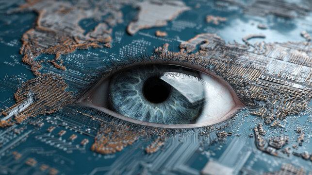 Abstract futuristic eyeball on circuit board, hi-tech computer technology with world map and blue color background, vector illustration.