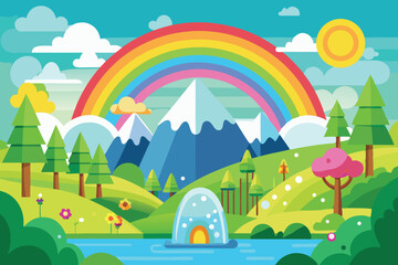 spring landscape with rainbow vector illustration