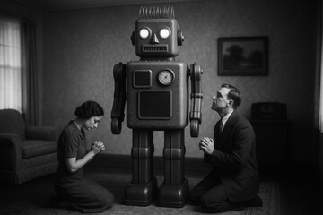 Surreal black and white vintage scene: Man and woman kneeling in prayer or worship before a large, classic retro robot with glowing eyes in a domestic living room setting. 