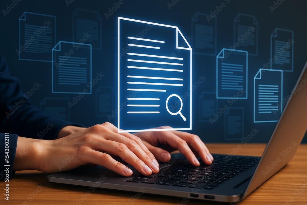 Poster Business person typing on laptop with digital document search icon on dark background representing creative data analysis and information review concept.