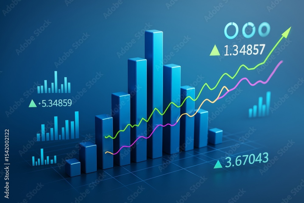 Poster Business bar and line chart with glowing data symbols on a blue background showing financial growth and analysis in a creative digital style.