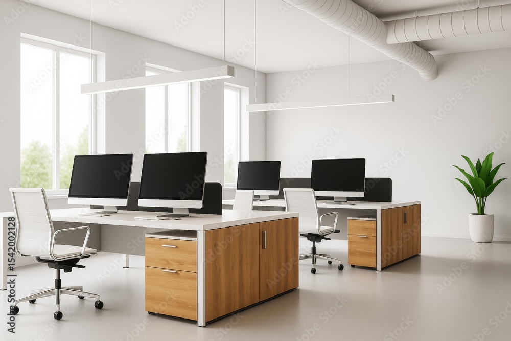 Poster modern open office workspace with minimalist design, wood desks, white chairs, and large monitors in