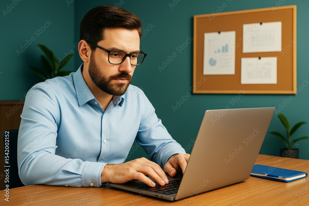 Poster focused businessman typing on laptop in modern office with teal background and data charts on corkbo
