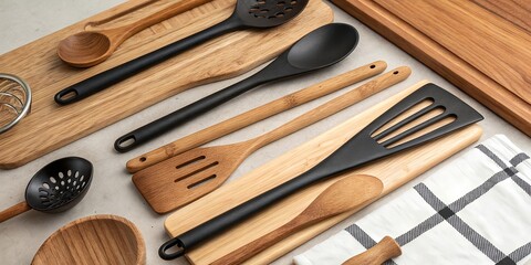 Wooden and Black Kitchen Utensils Flatlay – Modern Culinary Tools on Neutral Background.