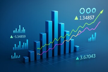 Business bar and line chart with glowing data symbols on a blue background showing financial growth and analysis in a creative digital style.