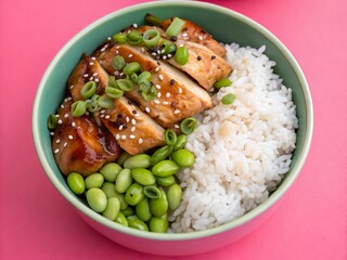 Teriyaki Chicken and Edamame Rice Bowl on Pink Background – Vibrant Asian-Inspired Food Flat Lay