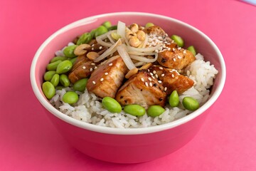 Teriyaki Chicken and Edamame Rice Bowl on Pink Background – Vibrant Asian-Inspired Food Flat Lay