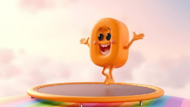 Animated Orange Character Bouncing Cheerfully on a Trampoline Against Soft Pastel Sky