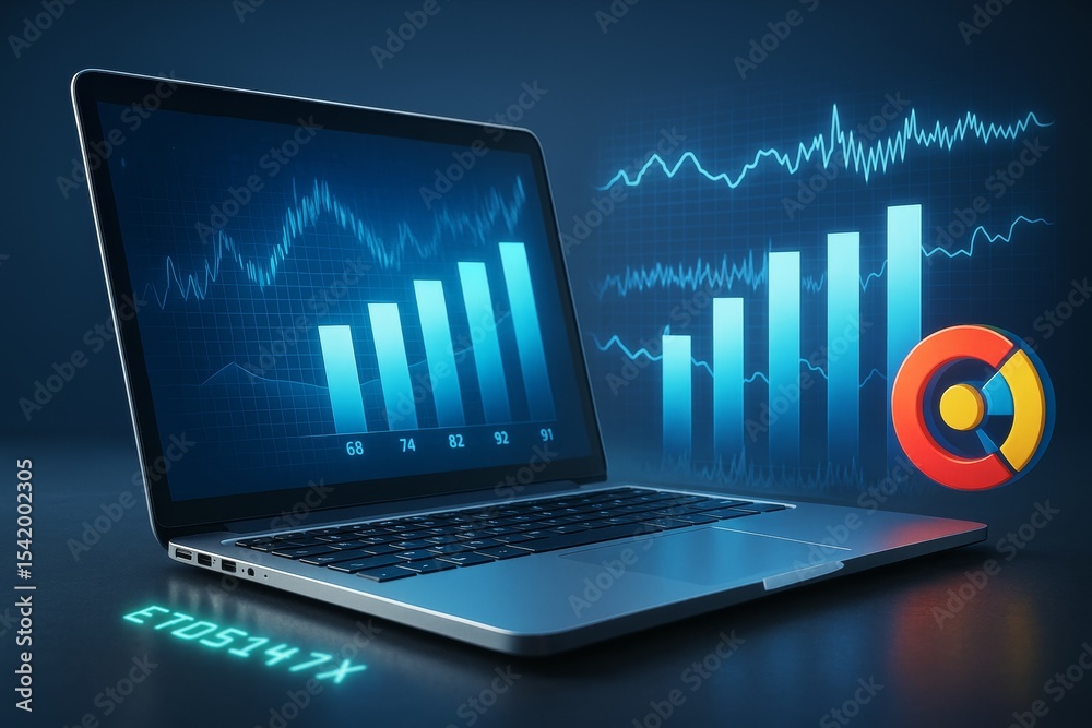 Poster Business analytics bar chart on laptop screen with glowing graphs and data interface elements on dark abstract background.