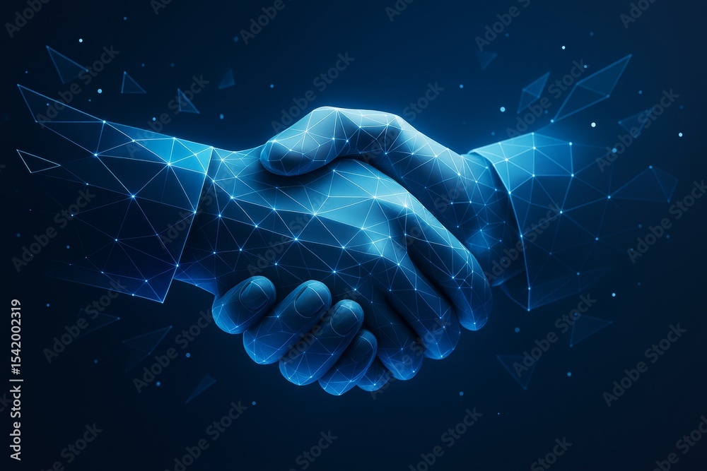 Poster Digital handshake made of glowing polygons symbolizing futuristic business agreement on dark background with abstract light network connections.