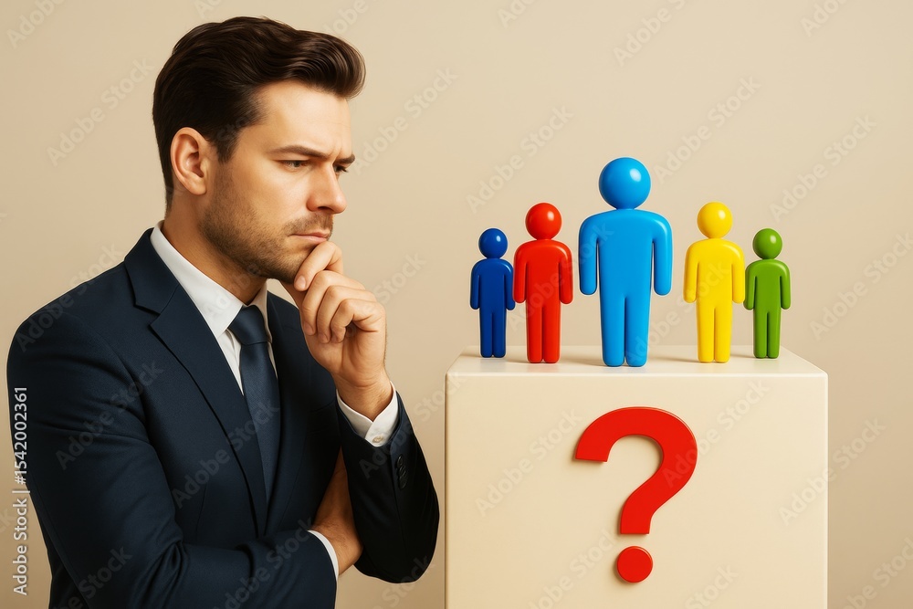 Poster businessman evaluating colorful human figures on pedestal with question mark against light backgroun