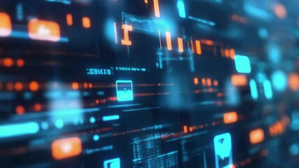 Abstract digital display with blue and orange glowing data and geometric shapes overlaying dark background - Powered by Adobe