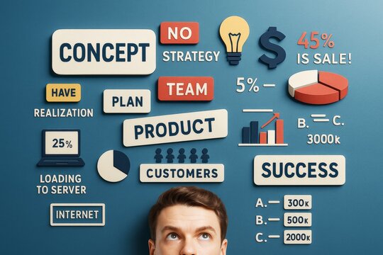 Business concept planning with charts, diagrams, and keywords on blue background, representing strategy, growth, and success in abstract style.