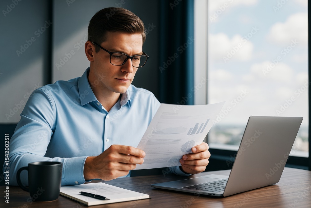 Poster focused businessman analyzing financial documents at desk with laptop and coffee in modern office wi