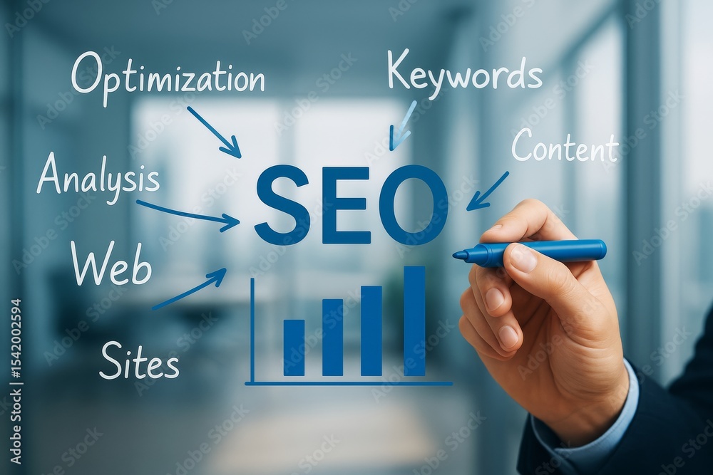 Poster SEO concept with optimization, keywords, content and analysis terms shown on transparent screen in business setting with blurred office background.