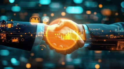 A digital handshake with glowing data overlays against a blurred background of light orbs - Powered by Adobe