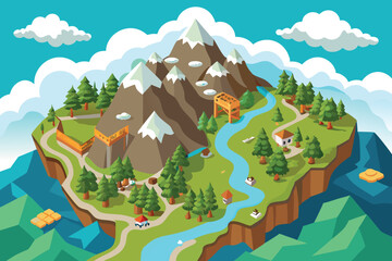 top down map view of a mountainous vector illustration
