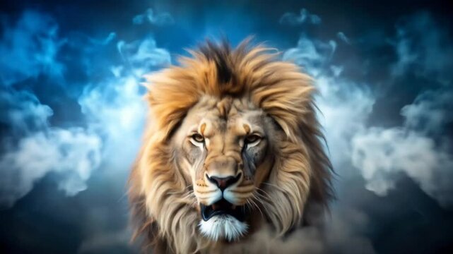 A majestic lion with a roaring mouth, set against a backdrop of dramatic blue smoke