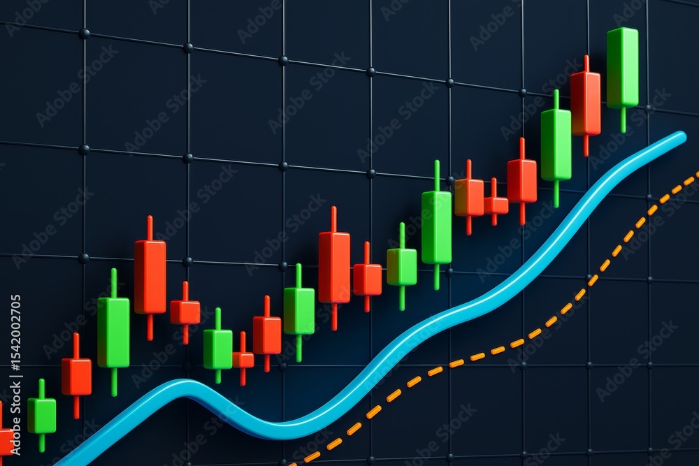 Poster colorful candlestick chart with upward trend lines on modern dark background representing business g
