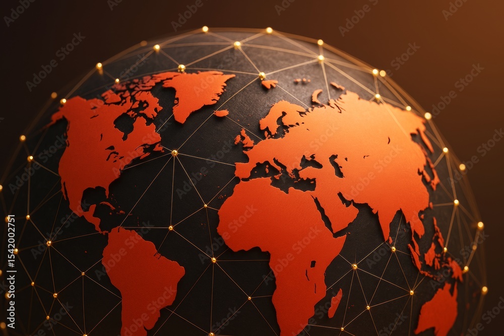 Poster Abstract globe with connected continents in orange tones on dark background, representing global communication and business network concept.