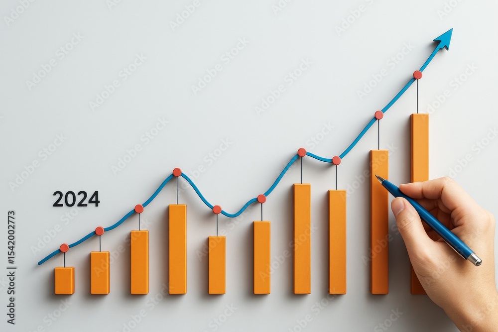 Poster business growth chart with upward trend and 2024 forecast on light background, showing creative data