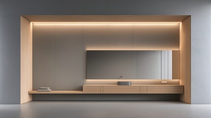 Fototapeta premium Minimalist bathroom with clean lines and neutral tones, empty counter space, soft lighting - simplicity and modern elegance