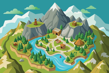 top down map view of a mountainous vector illustration