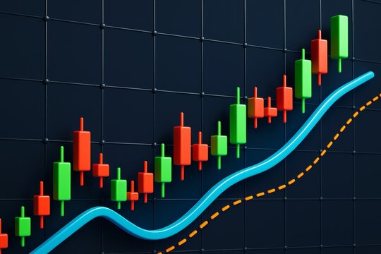 Colorful candlestick chart with upward trend lines on modern dark background representing business growth and finance analytics concept.