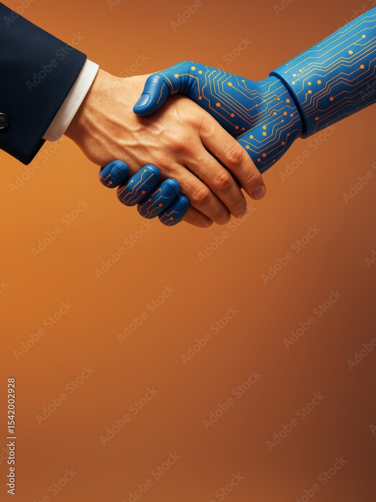 Aufkleber human and robot handshake symbolizing technology partnership and innovation on orange background wit