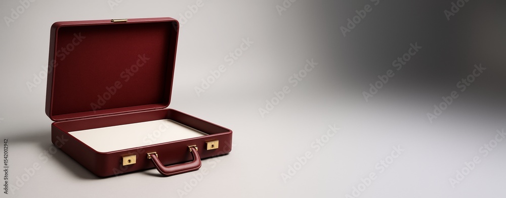 Poster Open red leather briefcase on clean gradient background with copy space for business or promotion concept mockup template design.