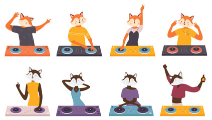 Animal crazy fox dj set vector illustration. Cartoon funny dj playing on music fun party discotheque in nightclub, hipster fox character standing at turntable, drinking beer isolated on white