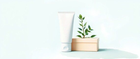 Minimalist skincare product shot with natural green accents, conveying purity and environmental consciousness.