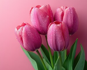 Fototapeta premium Four pink tulips with water droplets on a pink background. Ideal for Valentine's Day cards or spring designs.