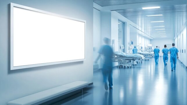 A blank white poster frame on a shelf of an hospital interior doctors and nurses in motion blur working around the room window light from outside