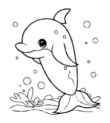 A dolphin leaping from water surrounded by bubbles in a black and white illustration