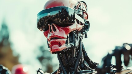 An intricately designed robotic figure dons futuristic sunglasses, evoking themes of innovation, technology, and a vision of a high-tech future intertwined with humanity.