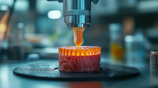 Close up of a d printing machine creating an orange object on a black surface in a laboratory