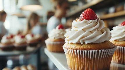 A delicious cupcake adorned with fresh strawberries invites indulgence, capturing the joy of sweet treats and the artistry of culinary presentation in a vibrant setting.