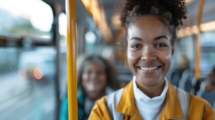 A smiling woman on a bus exudes positivity and connection, representing the joy of shared experiences in daily life and the vibrancy of urban commuting culture.