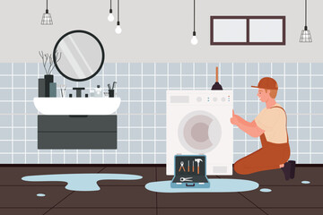 Plumber fixing broken washing machine with water leak in modern bathroom, tools and equipment on floor, home appliance maintenance and repair concept vector illustration