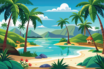 tropical beach paradise with palm trees vector illustration