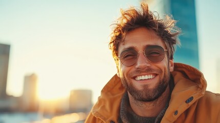 A smiling man wearing sunglasses enjoys the sunset in a bustling cityscape, embodying confidence and joy in urban living amidst beautiful golden hour light.