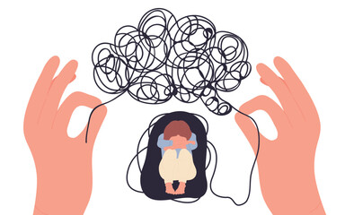 Hands of counselor work with mental problems of woman vector illustration. Cartoon young depressed female character sitting with tangled thoughts, brain knot. Mental health, counseling therapy concept