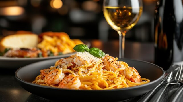 A beautifully plated shrimp pasta dish topped with fresh basil and Parmesan paired with a glass of white wine, showcasing culinary artistry and gourmet dining experience.